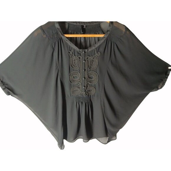 Bellatrix Black Sheer Embroidered Boho Blouse Size L Button Detail Flowy Boho - Picture 3 of 13